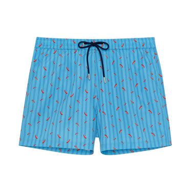 Blue swim shorts with red pepper pattern on a white background